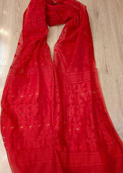 Your Elegance with the Red on Red Cotton/Silk Jacquard Dhakai Jamdani Dupatta