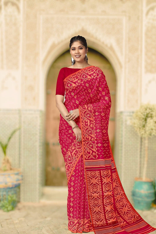 Pinkish Red handloom Jacquard Weave jamdani Saree