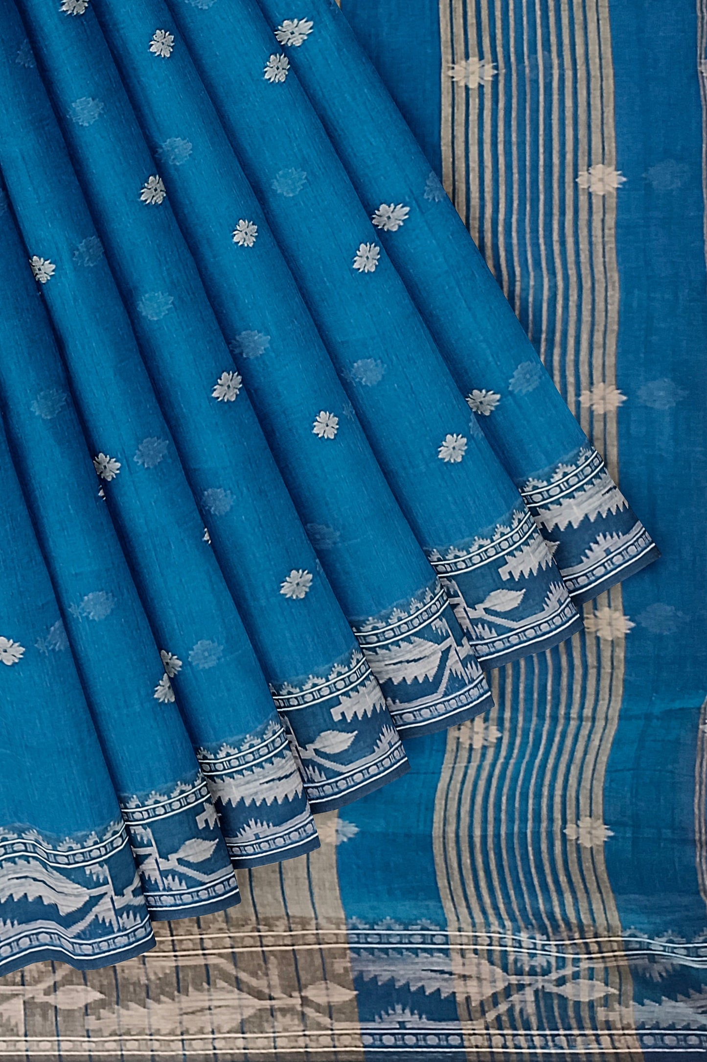 Peacock Blue & Beige Soft Handloom Cotton Saree