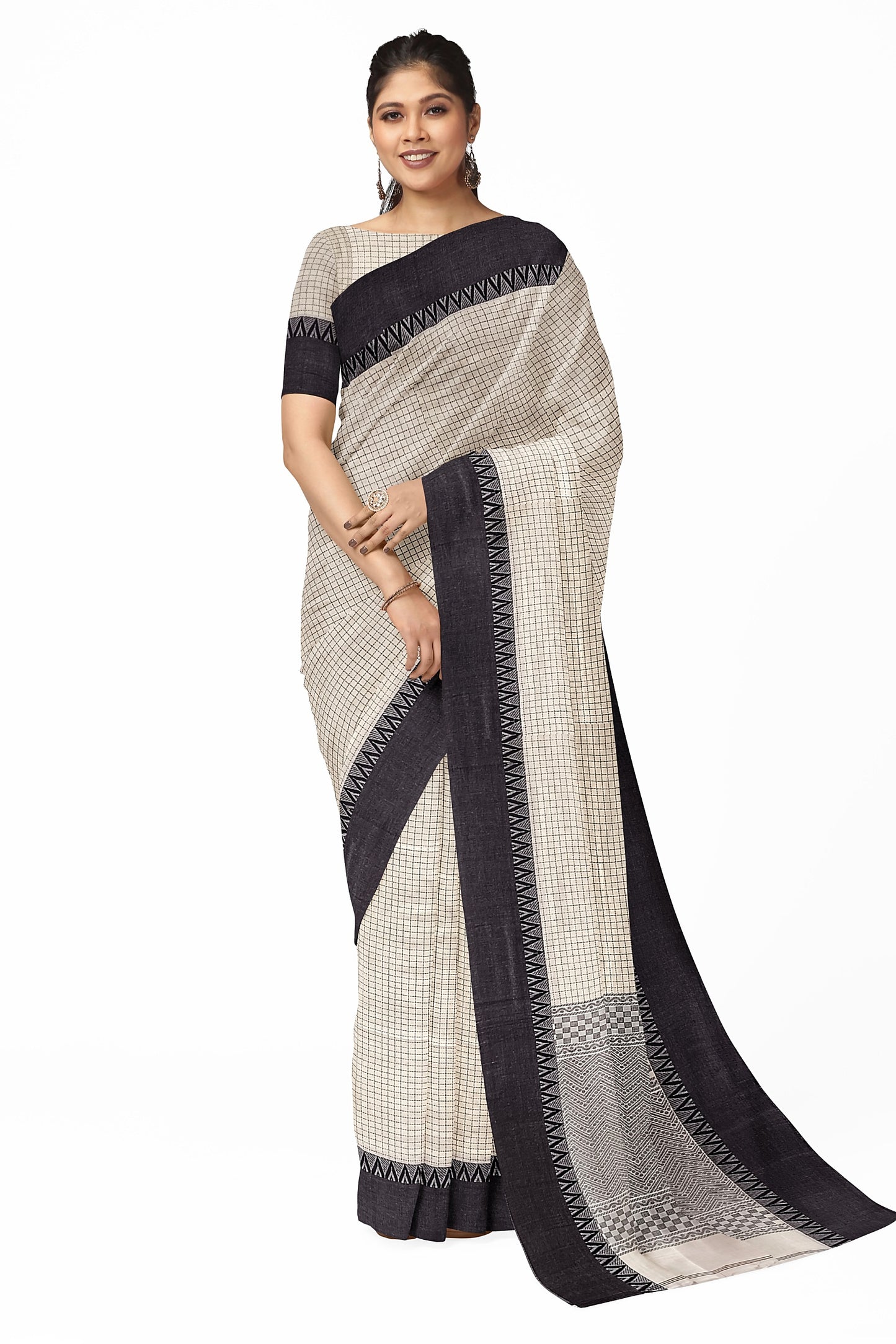 off-White & Black Bengal Handloom Soft Cotton Saree