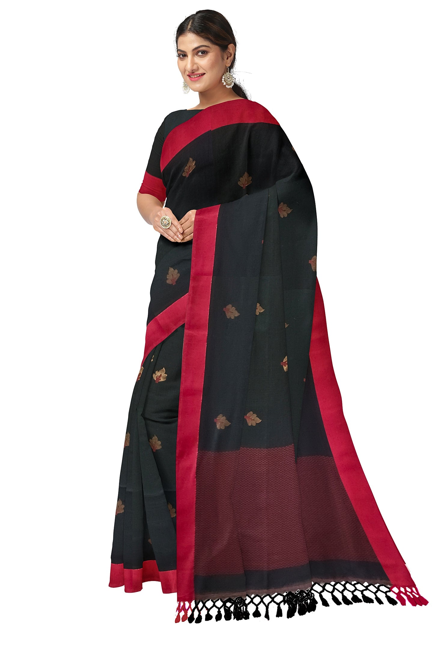 Premium Quality Soft Cotton Handloom Sarees (Black/Red)