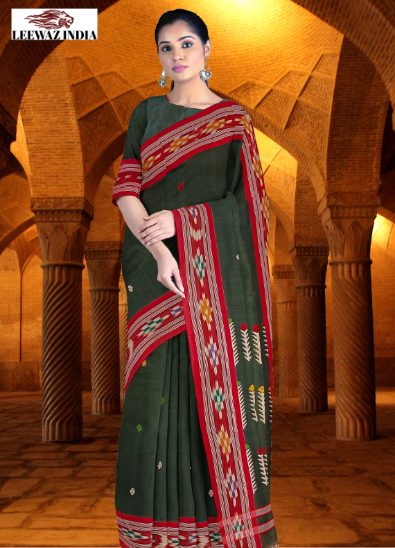 Green & Red Fine Soft Handloom Cotton Saree with Ikat Woven Border