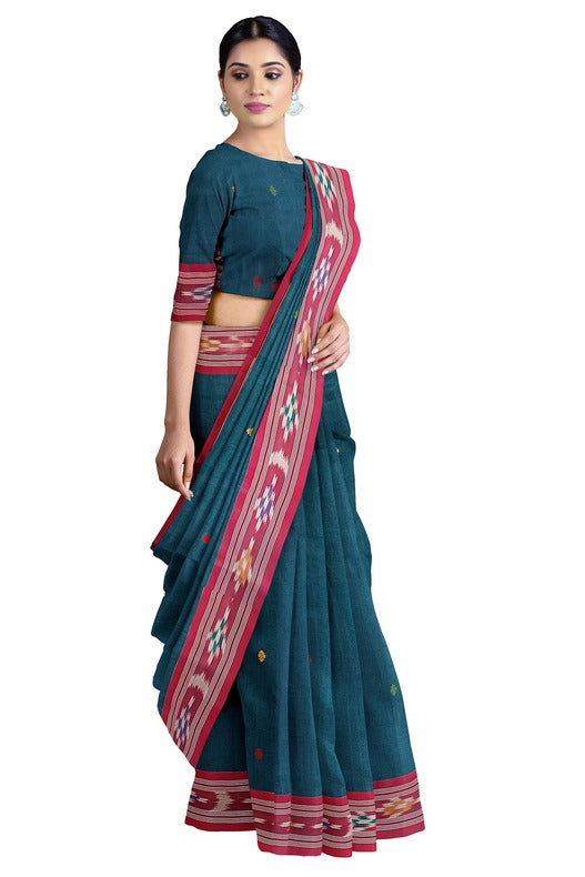Peacock & Red Fine Soft Handloom Cotton Saree with Ikat Woven Border