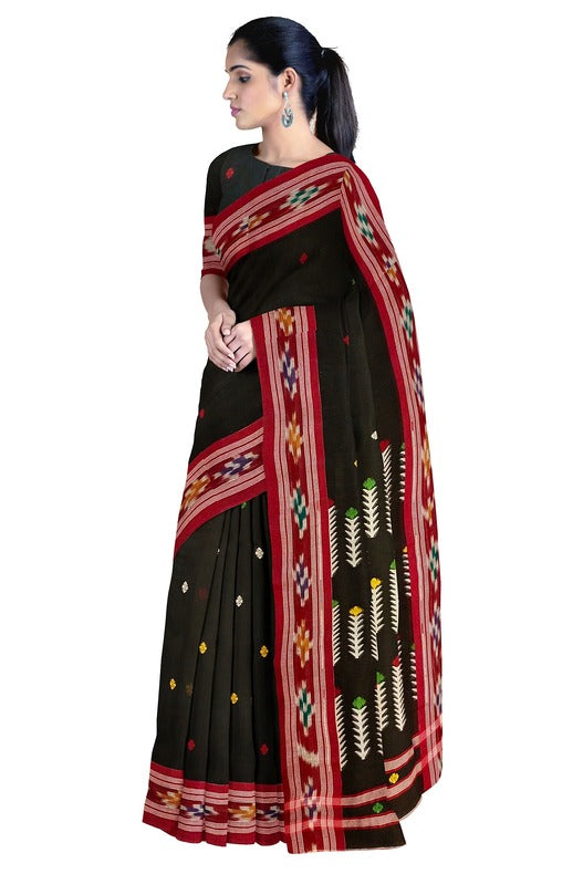 Black & Red Fine Soft Handloom Cotton Saree with Ikat Woven Border