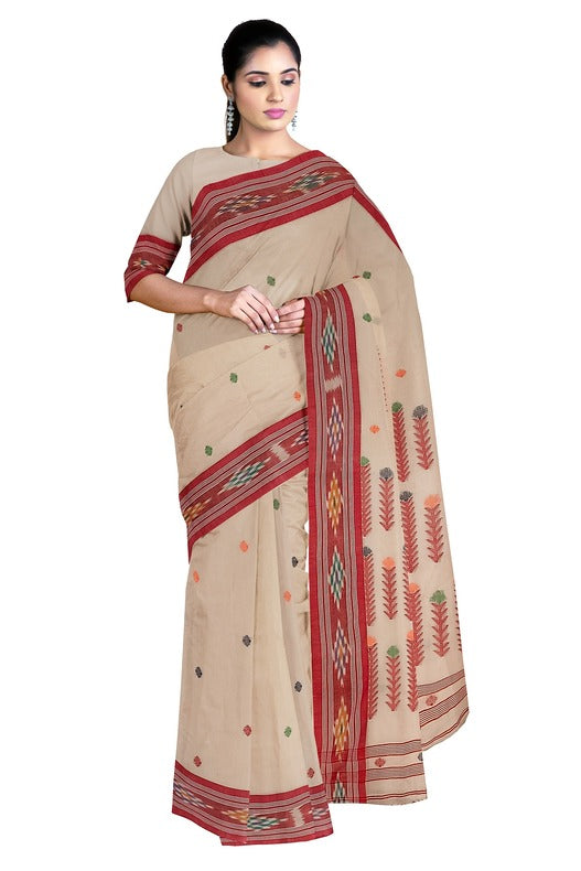 Off-White & Red Fine Soft Handloom Cotton Saree with Ikat Woven Border