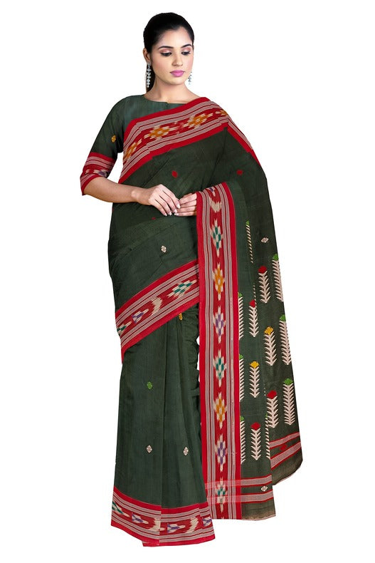 Green & Red Fine Soft Handloom Cotton Saree with Ikat Woven Border