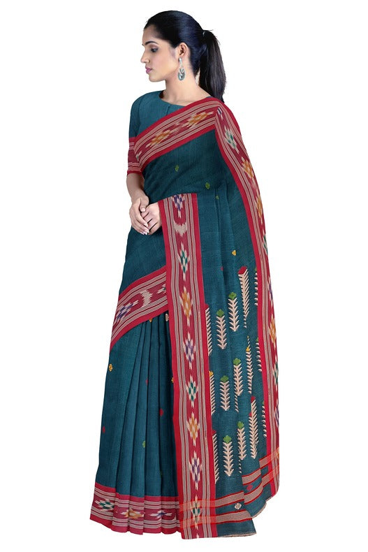 Peacock & Red Fine Soft Handloom Cotton Saree with Ikat Woven Border