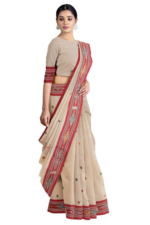 Off-White & Red Fine Soft Handloom Cotton Saree with Ikat Woven Border