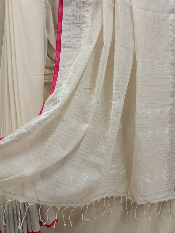White With Soft Handloom Cotton saree Pink & Silver Border