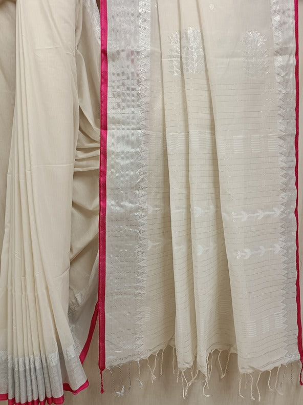 White With Soft Handloom Cotton saree Pink & Silver Border