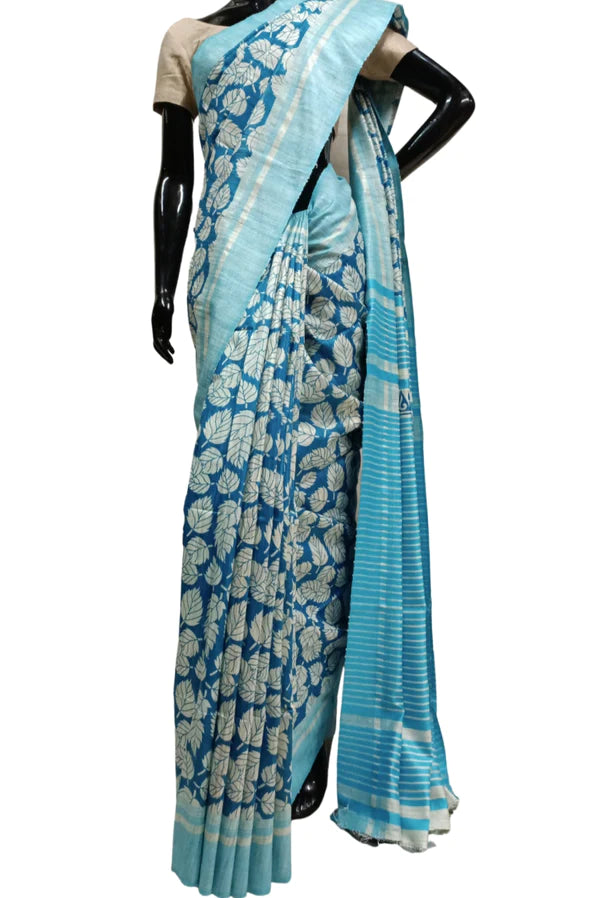 Handloom Ghicha Tassur Printed Silk Saree Blue