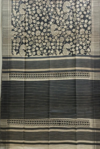 Handloom Ghicha Tassur Printed Silk Saree (Black)