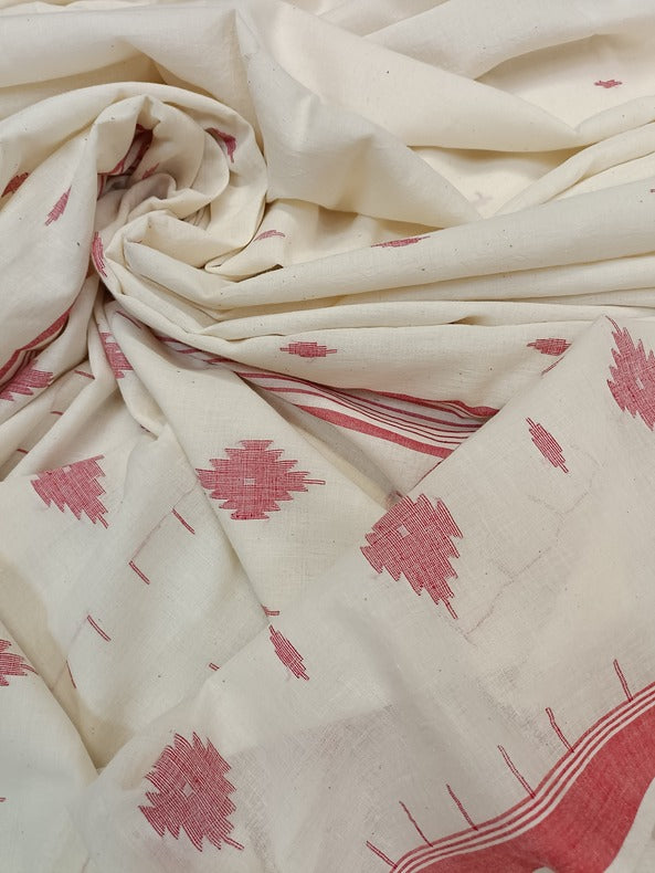 Off-White Red Soft Handloom Cotton Handwoven Jamdani Saree