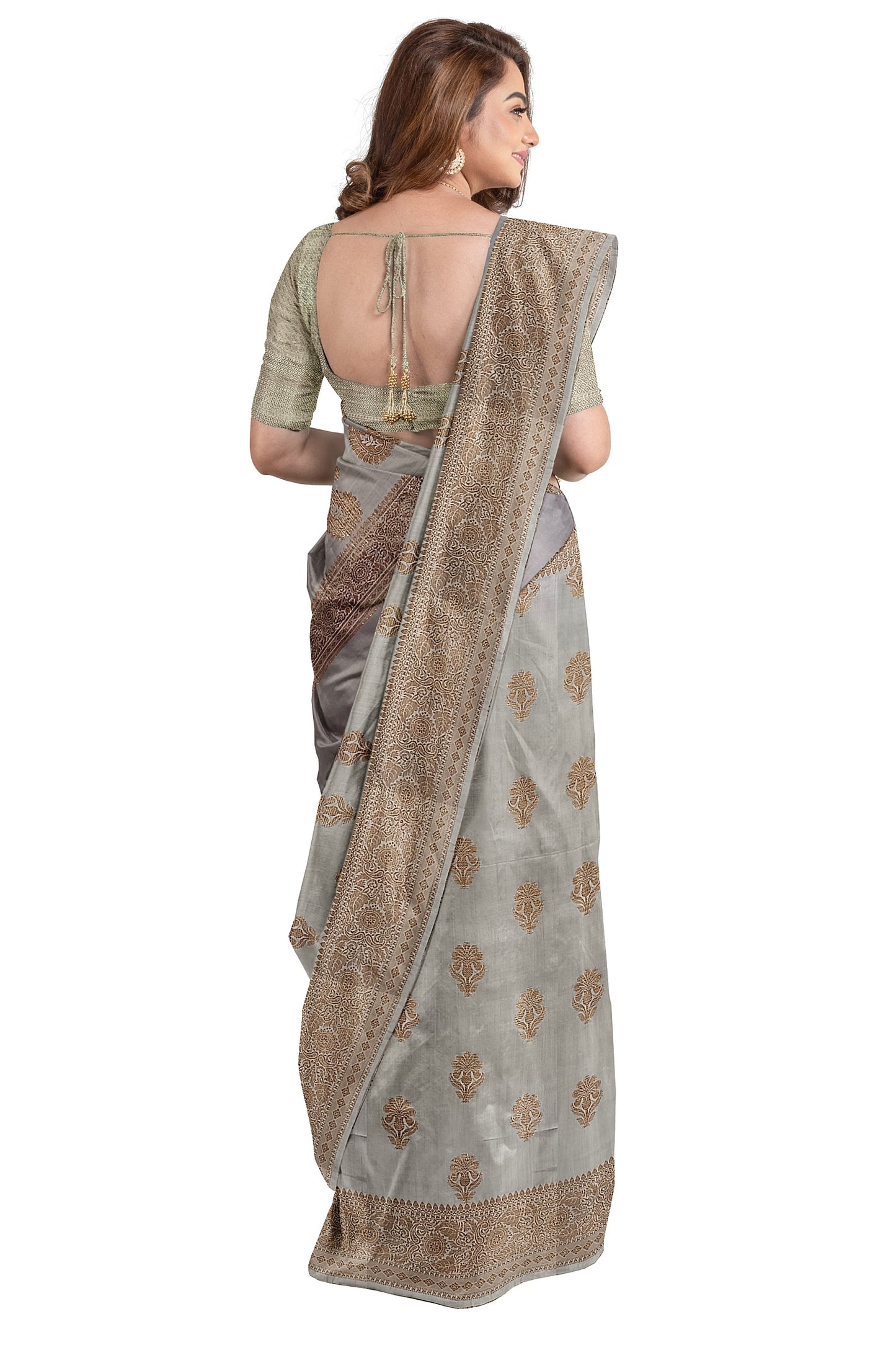 Exquisite Handloom Muga Tussar Banarasi Silk Saree ( Grey)