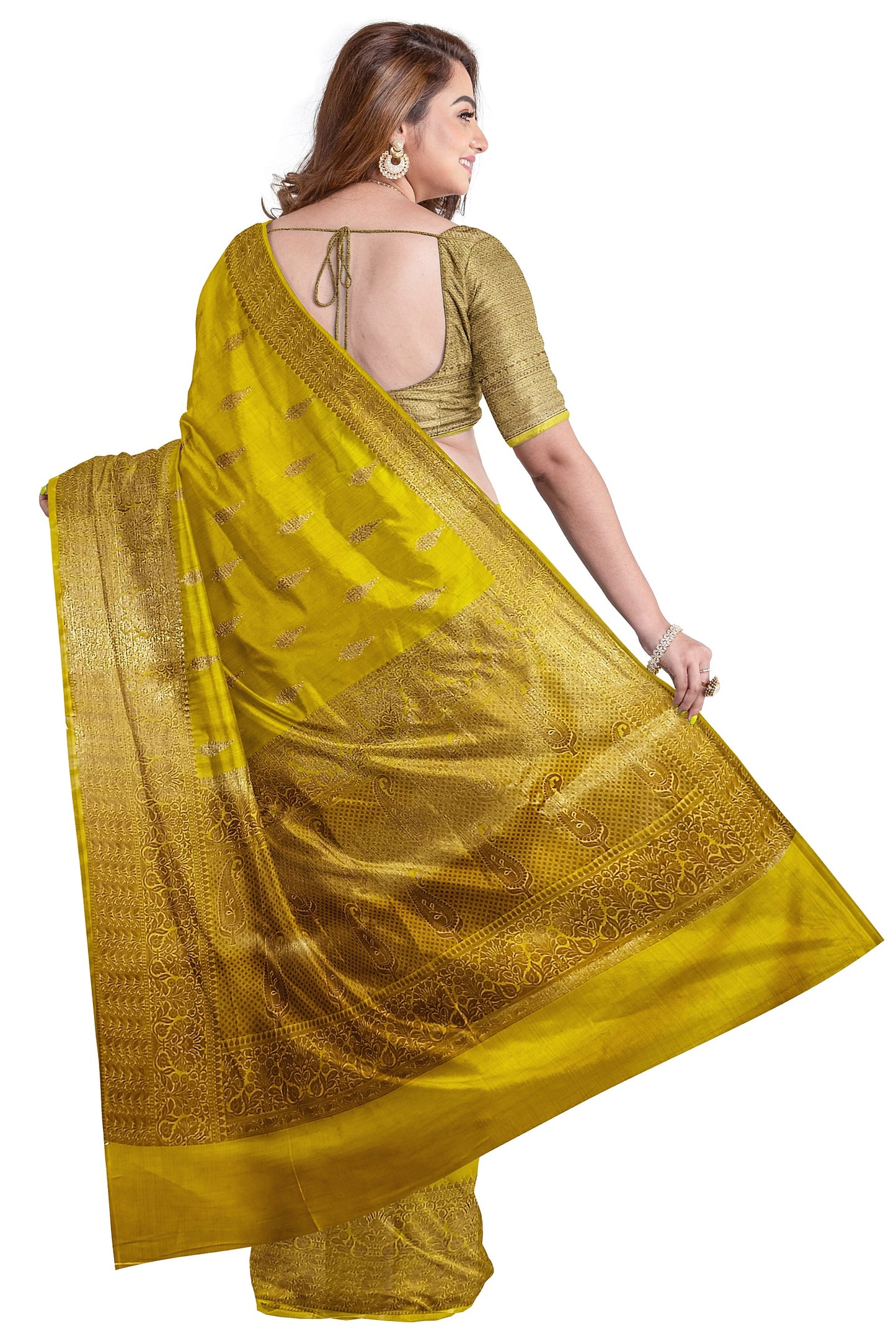 Exquisite Handloom Muga Tussar Banarasi Silk Saree ( Yellow )