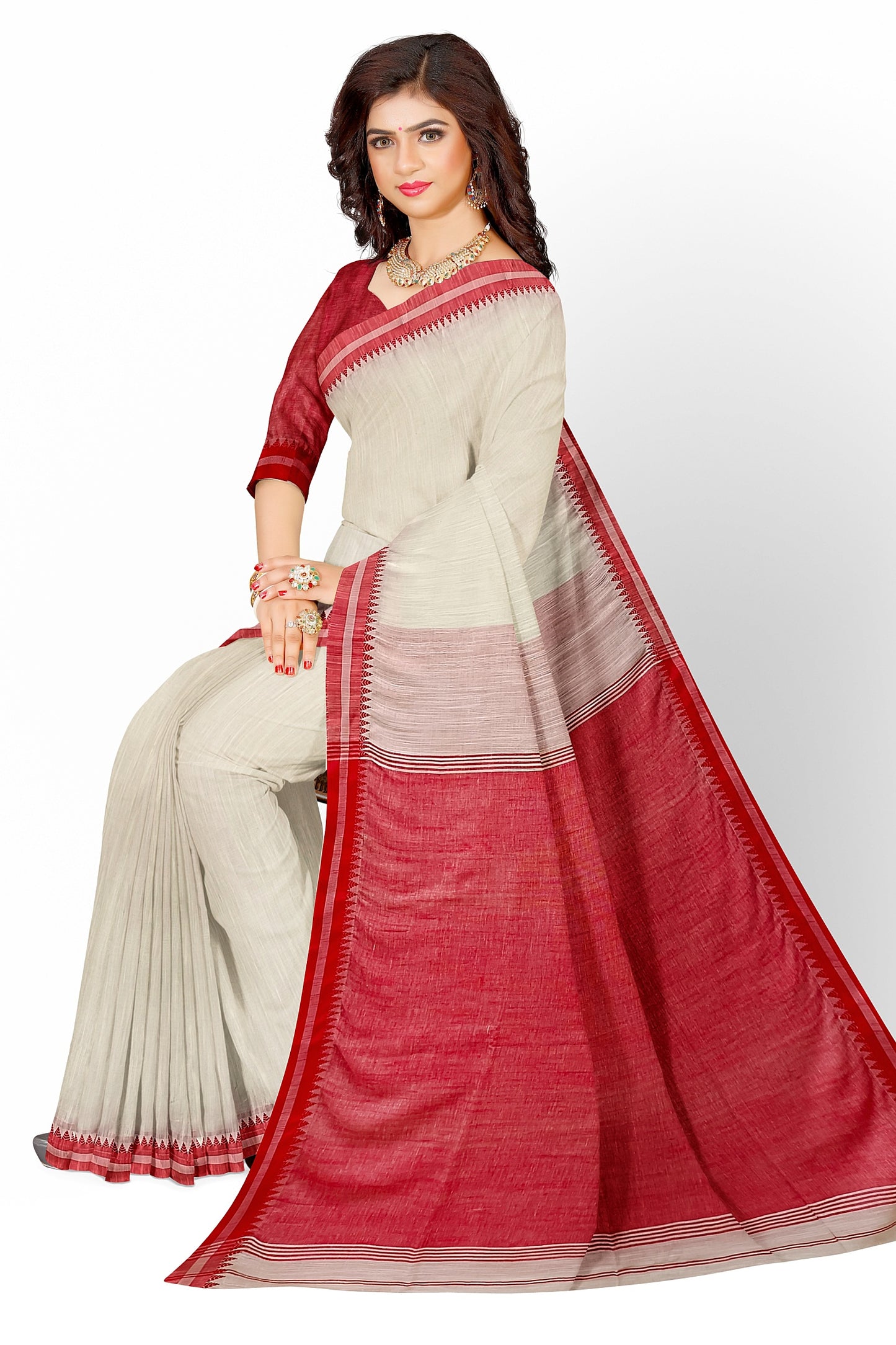 White & Red Soft Handloom Linen Cotton saree