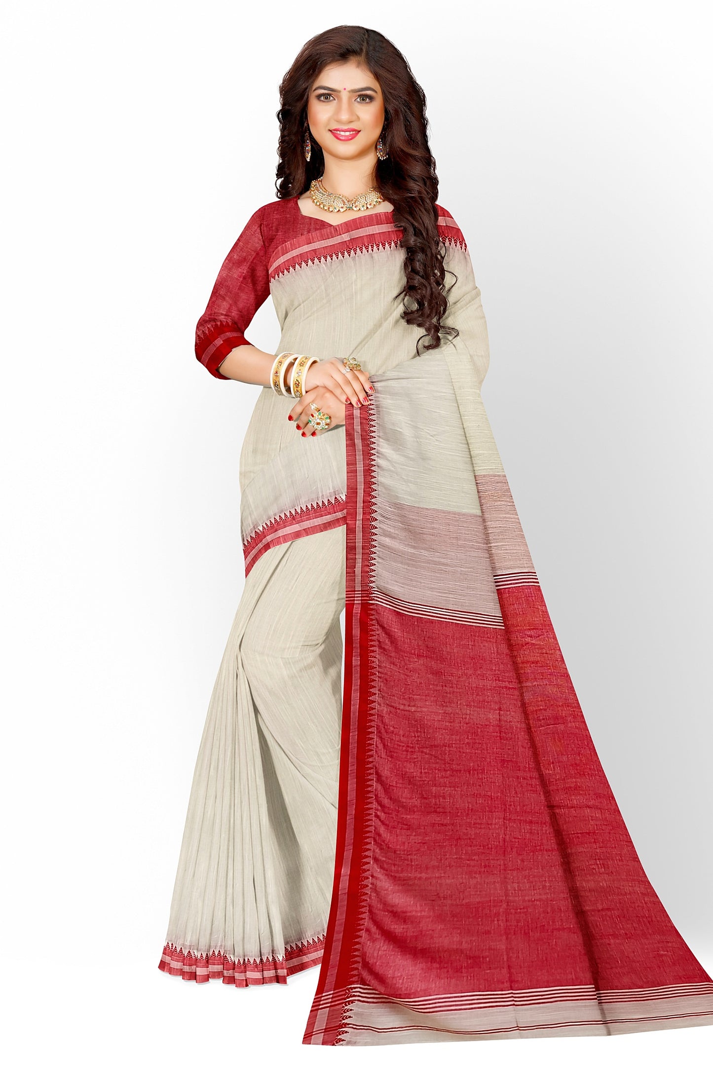 White & Red Soft Handloom Linen Cotton saree