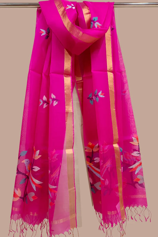 Elevate Your Elegance with the Deep Pink Muslin Silk Dhakai Jamdani Dupatta