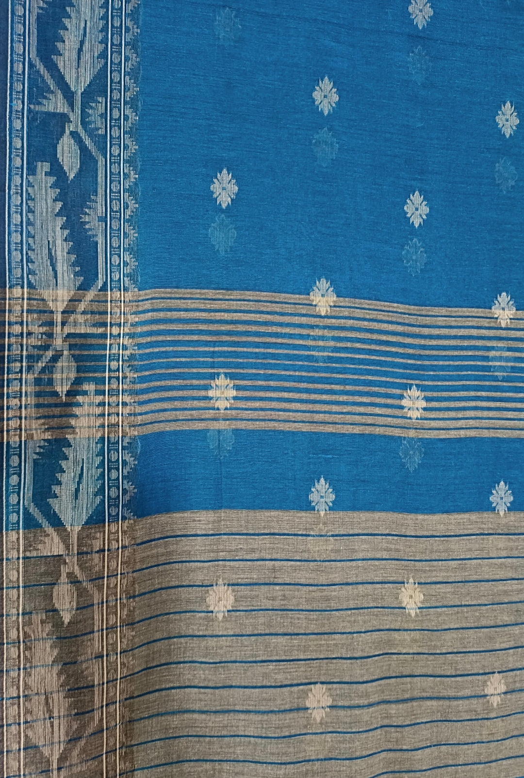 Peacock Blue & Beige Soft Handloom Cotton Saree