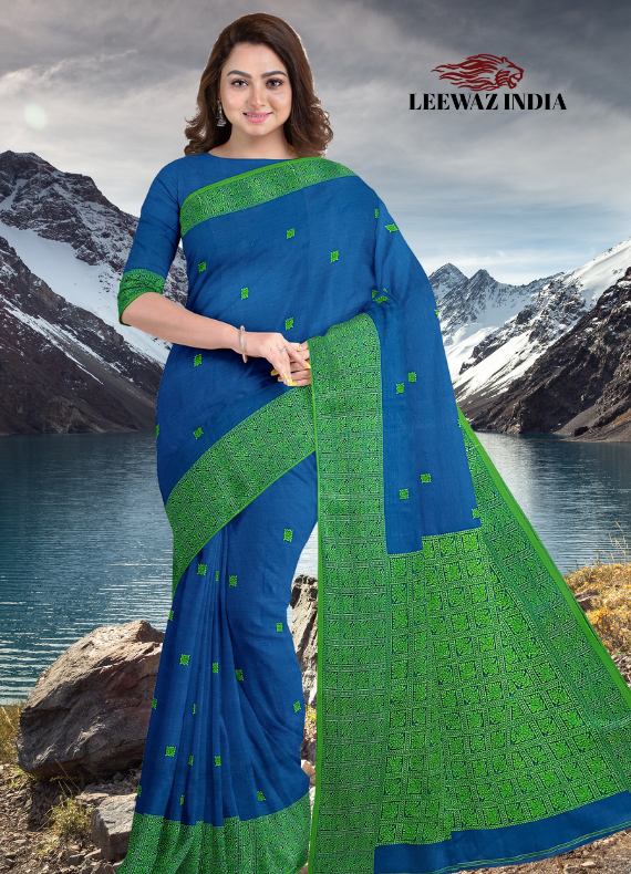 Blue & Green Superior Quality Handloom Banarasi Cotton Saree