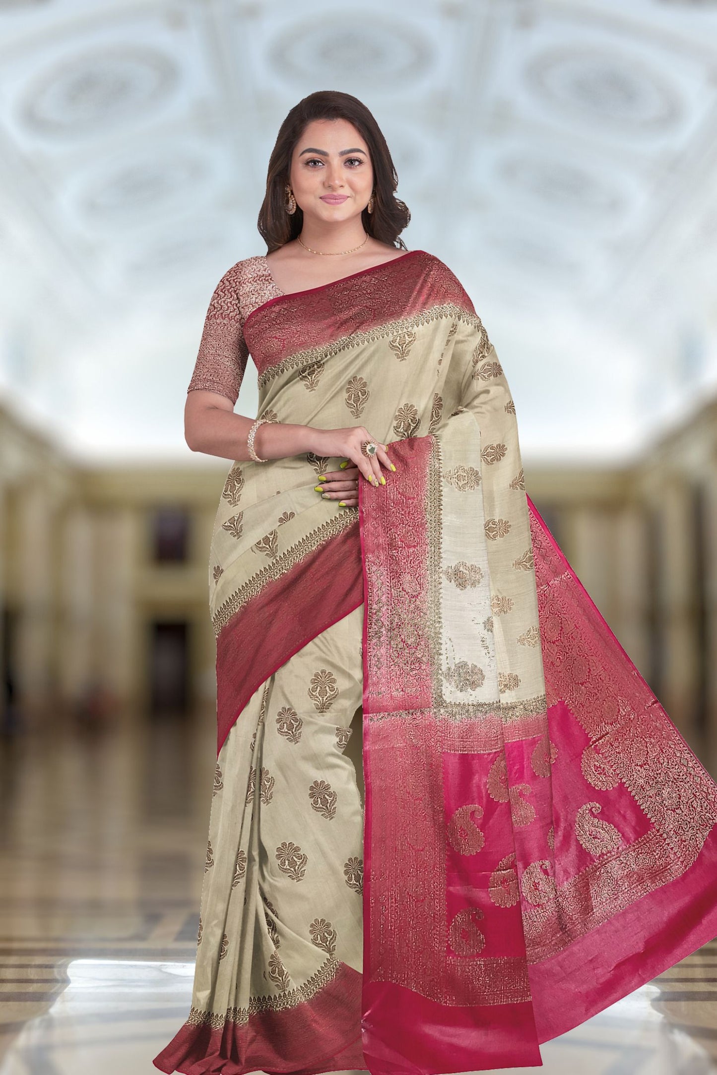 Exquisite Handloom Munga Tussar Banarasi Silk Saree (Beige)