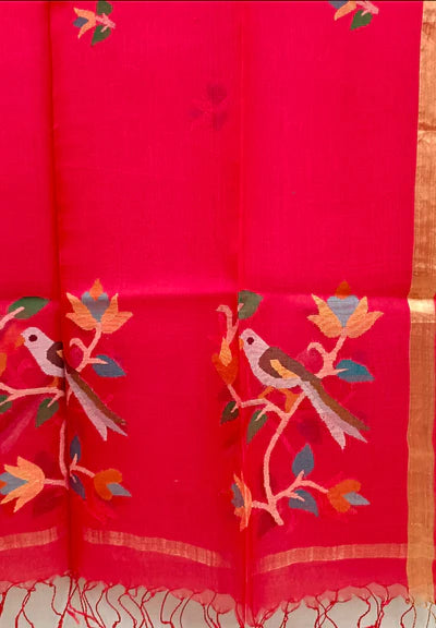 Elevate Your Style with the Red Muslin Silk Dhakai Jamdani Dupatta