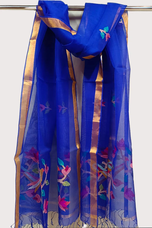 Elevate Your Elegance with the Royal Blue Muslin Silk Dhakai Jamdani Dupatta