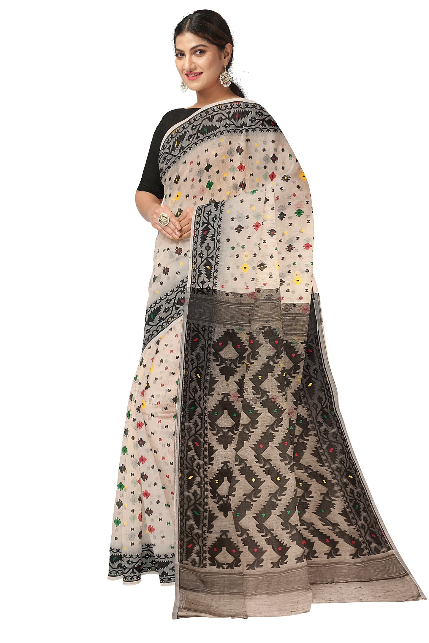 White Black Handloom Jacquard Weave Bangladesh Dhakai Design Saree