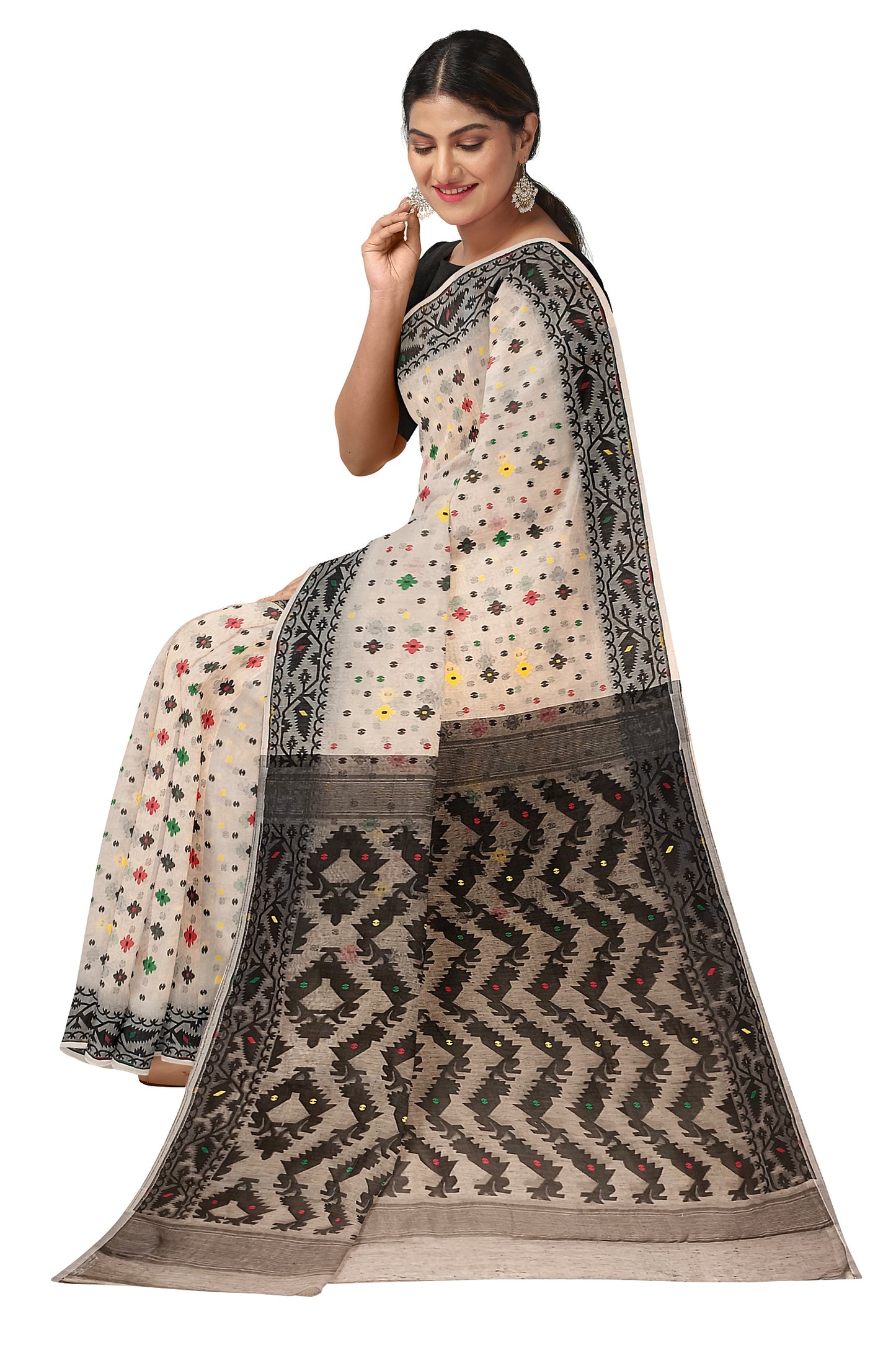 White Black Handloom Jacquard Weave Bangladesh Dhakai Design Saree