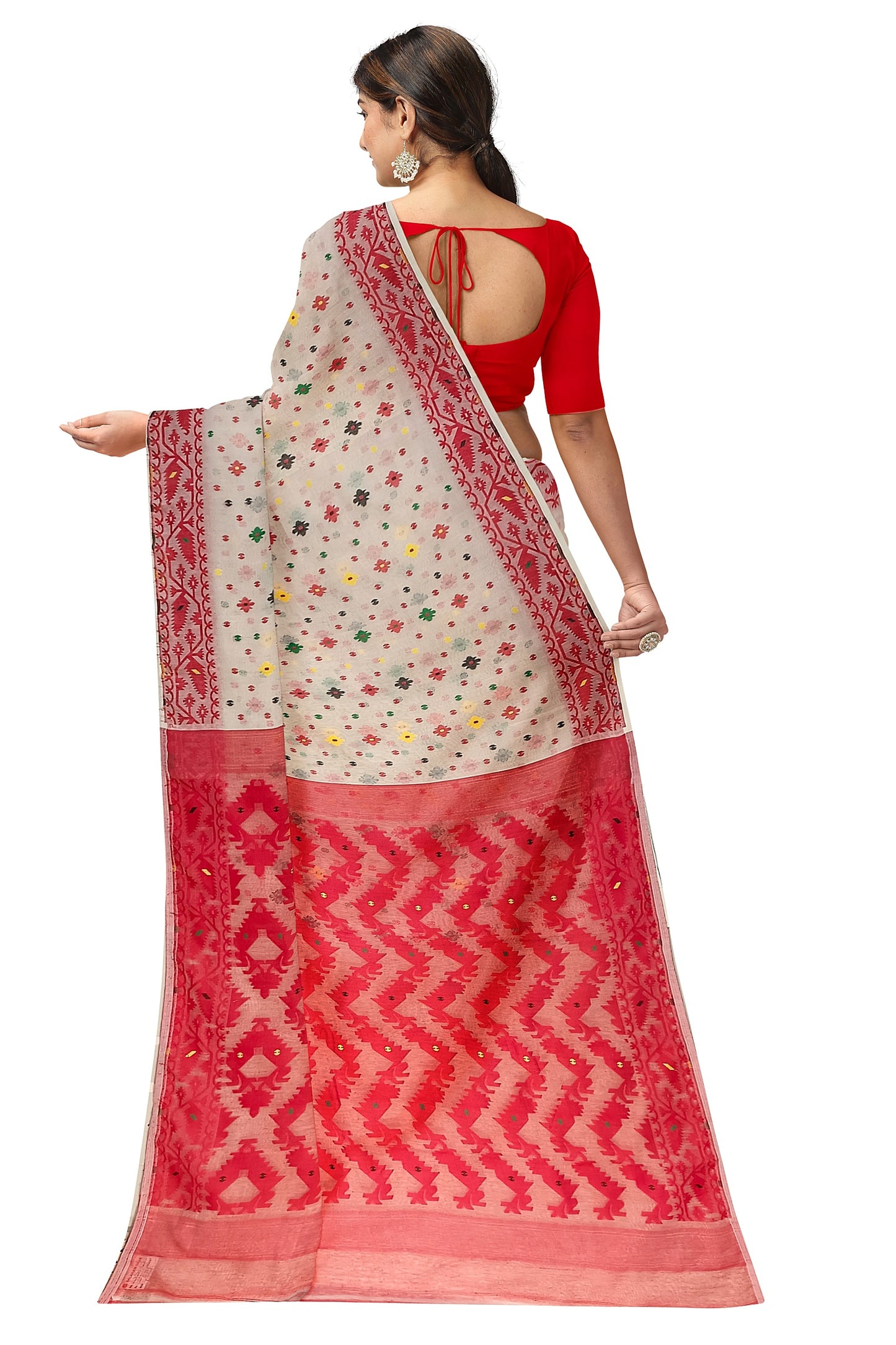 Off-White & Red Handloom Jacquard Weave Bangladesh Dhakai Design Saree