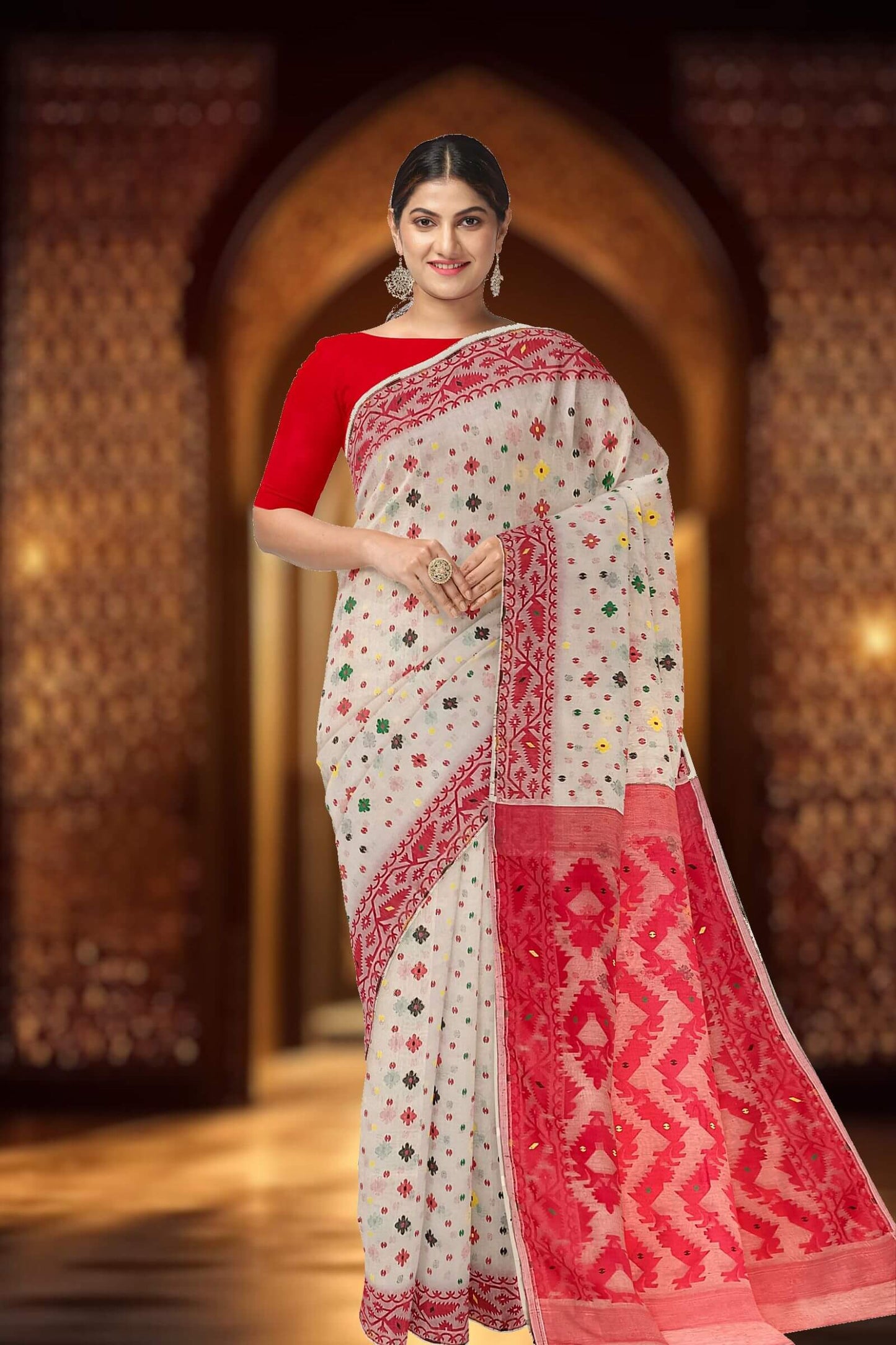 Off-White & Red Handloom Jacquard Weave Bangladesh Dhakai Design Saree