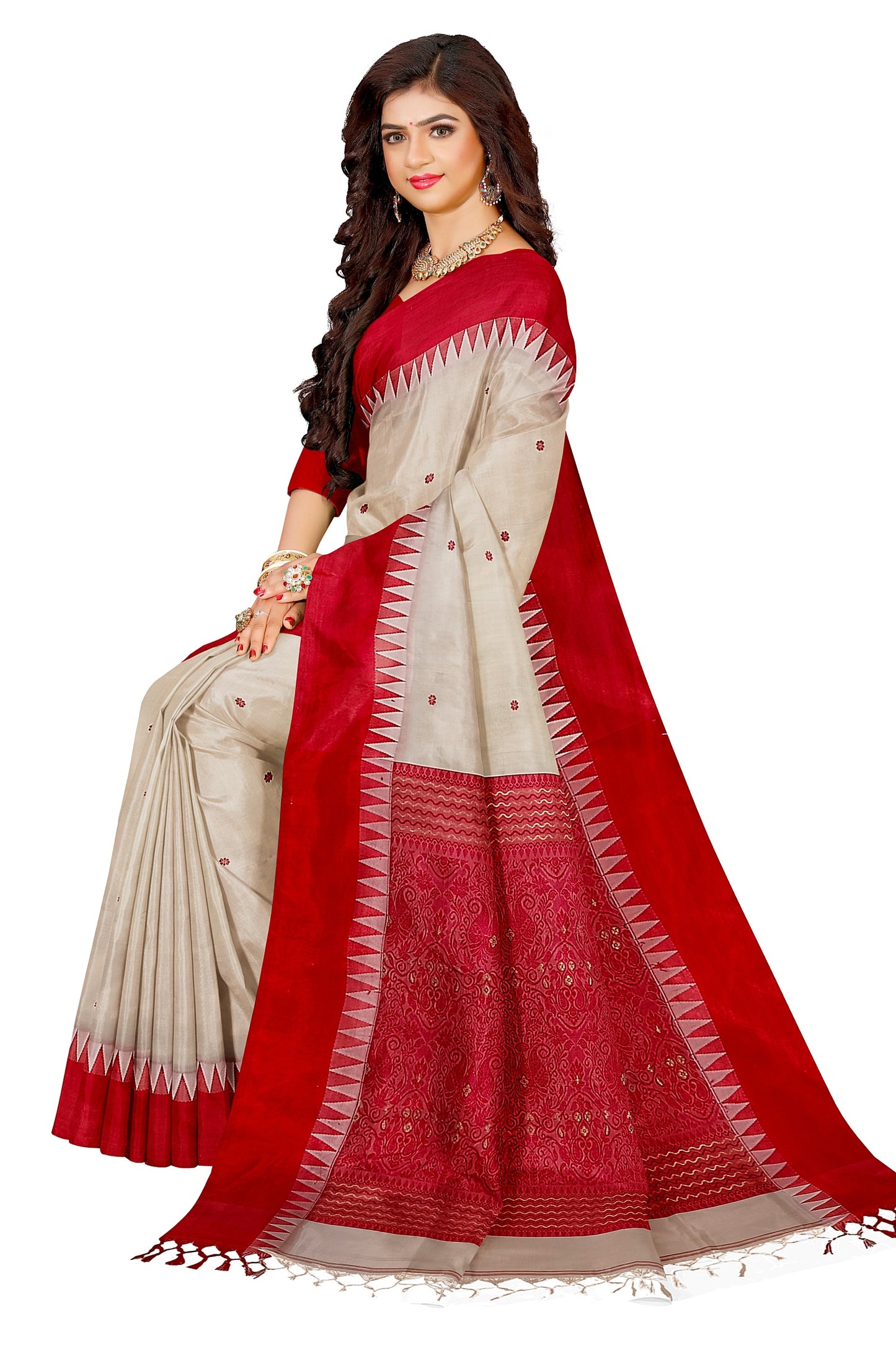 Off-White & Red Traditional Handloom Garad Silk Saree