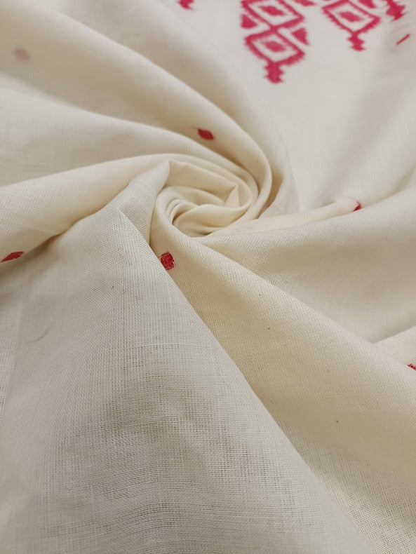 White and Red Handloom Handwoven Jamdani Unisex Unstitched Kurta Piece