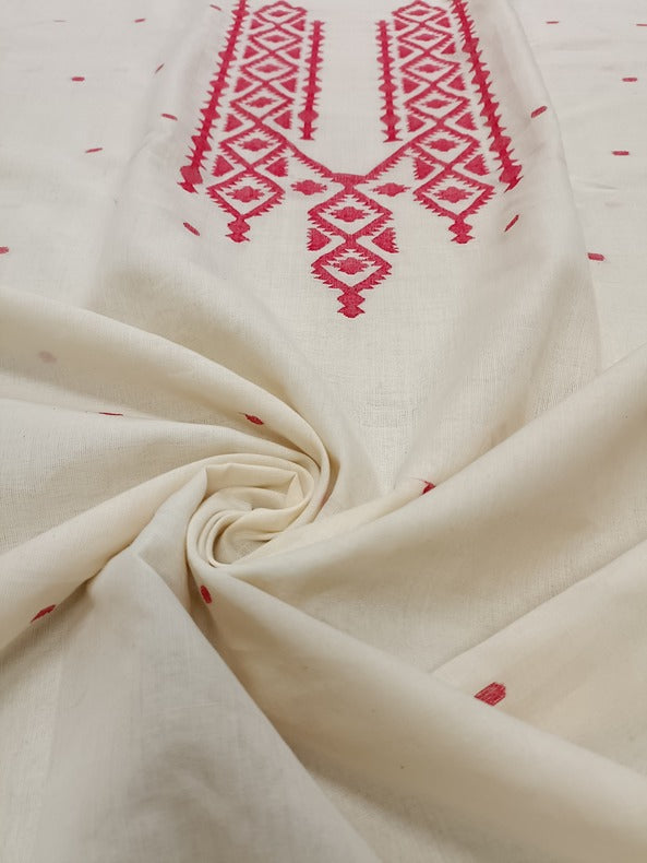 White and Red Handloom Handwoven Jamdani Unisex Unstitched Kurta Piece