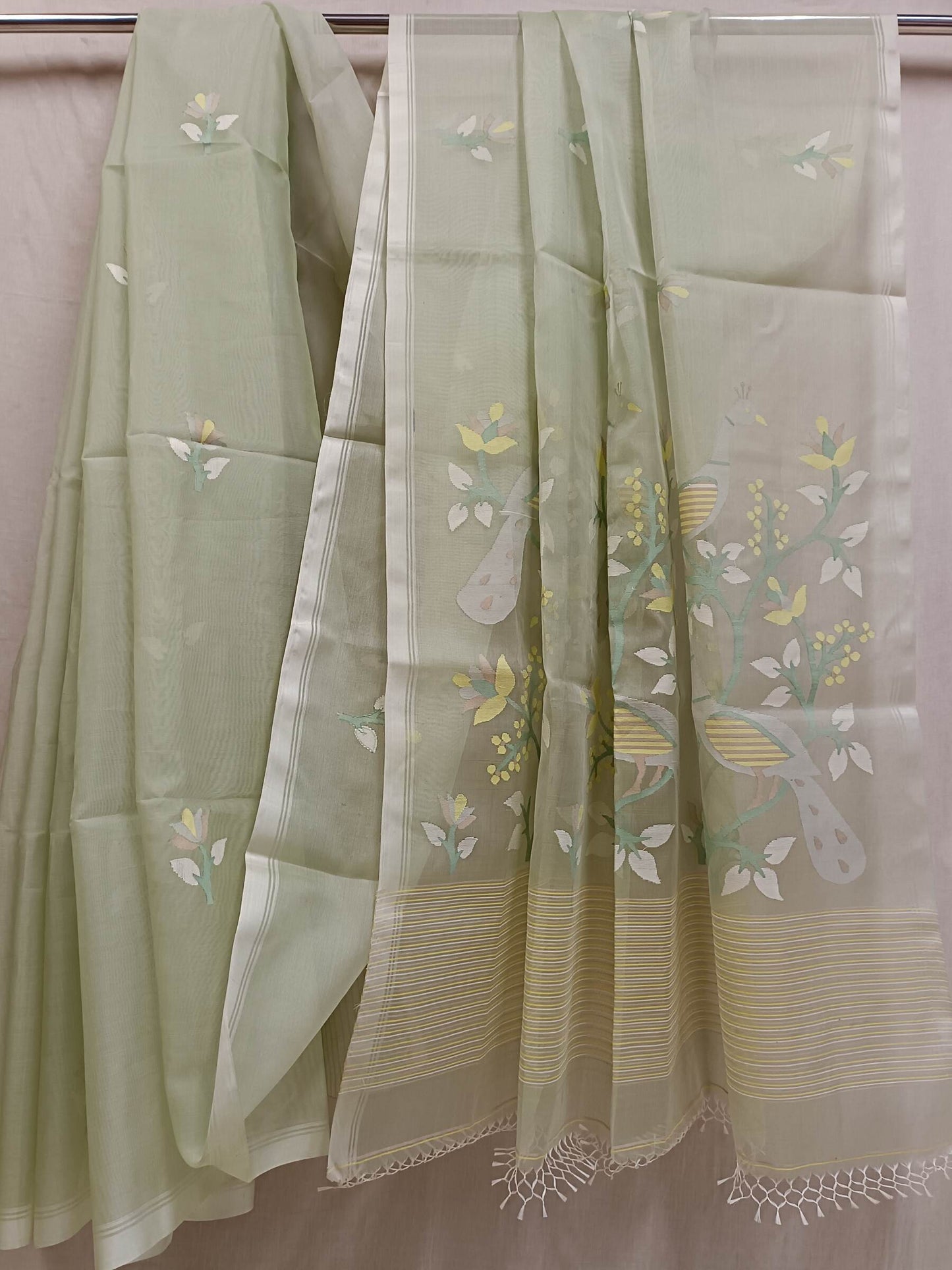 Light Green Handloom Handwoven Muslin Silk jamdani saree