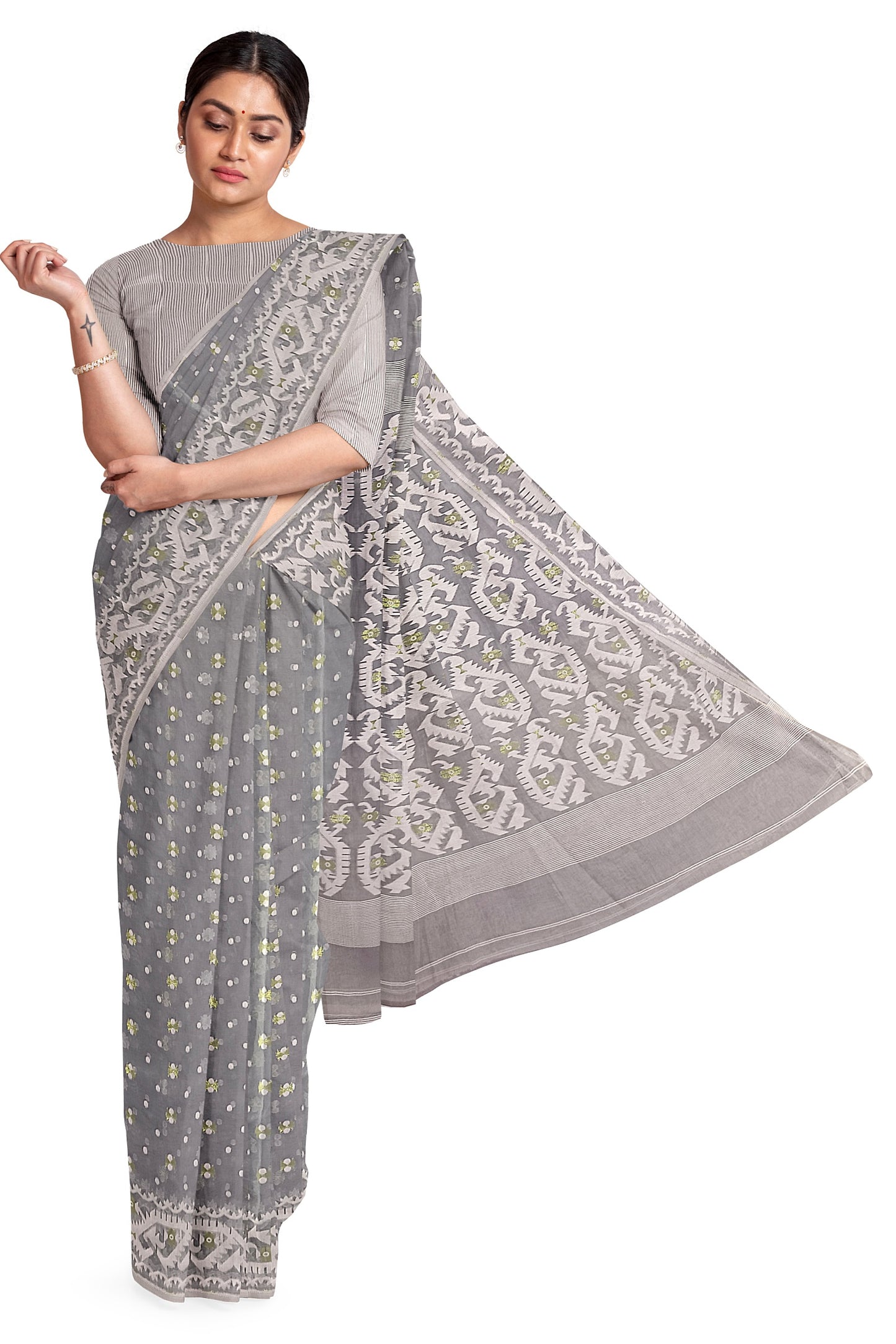 Grey & White Handloom Soft Jacquard Weave Jamdani Saree