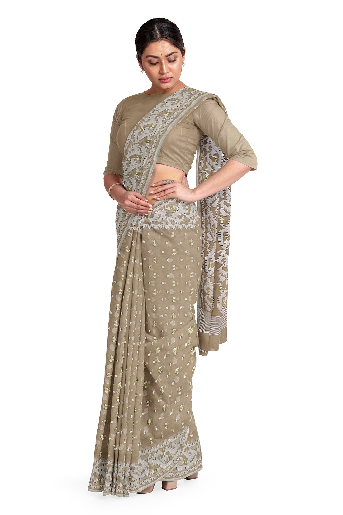 Beige & White Handloom Soft Jacquard Weave Jamdani Saree