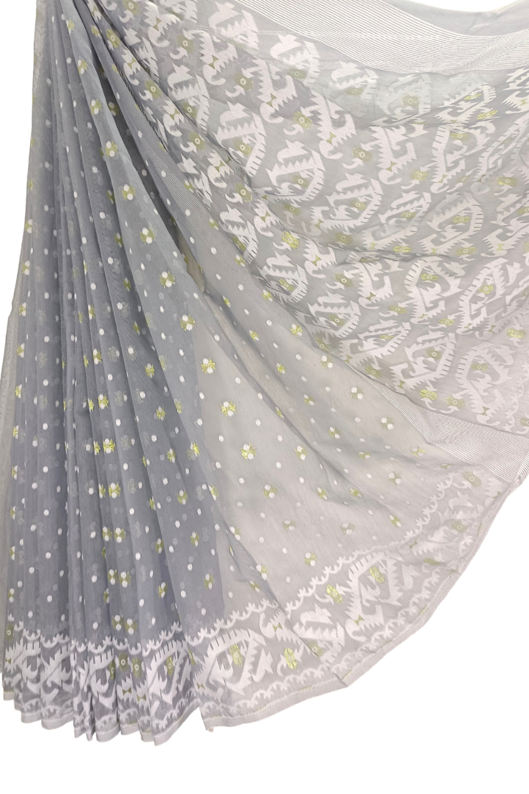 Grey & White Handloom Soft Jacquard Weave Jamdani Saree