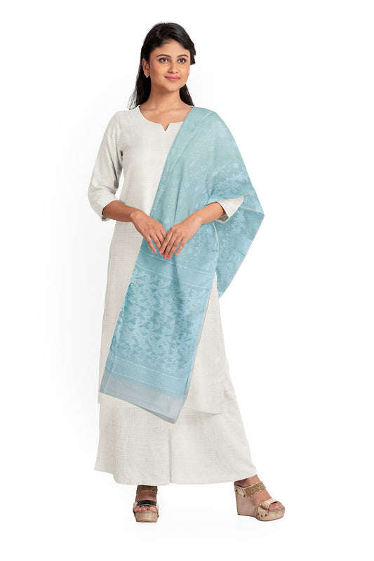 Light Blue With Blue Handloom Soft Jacquard Weave Jamdani Dupatta