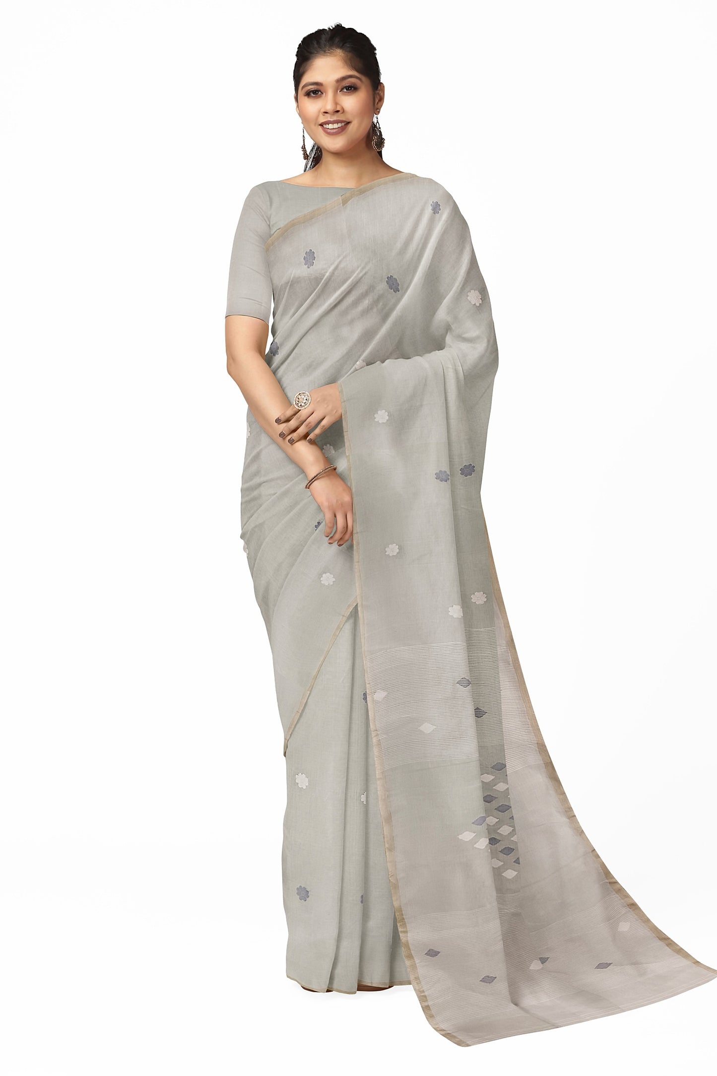 Pastel Grey handloom handwoven Cotton Jamdani Saree