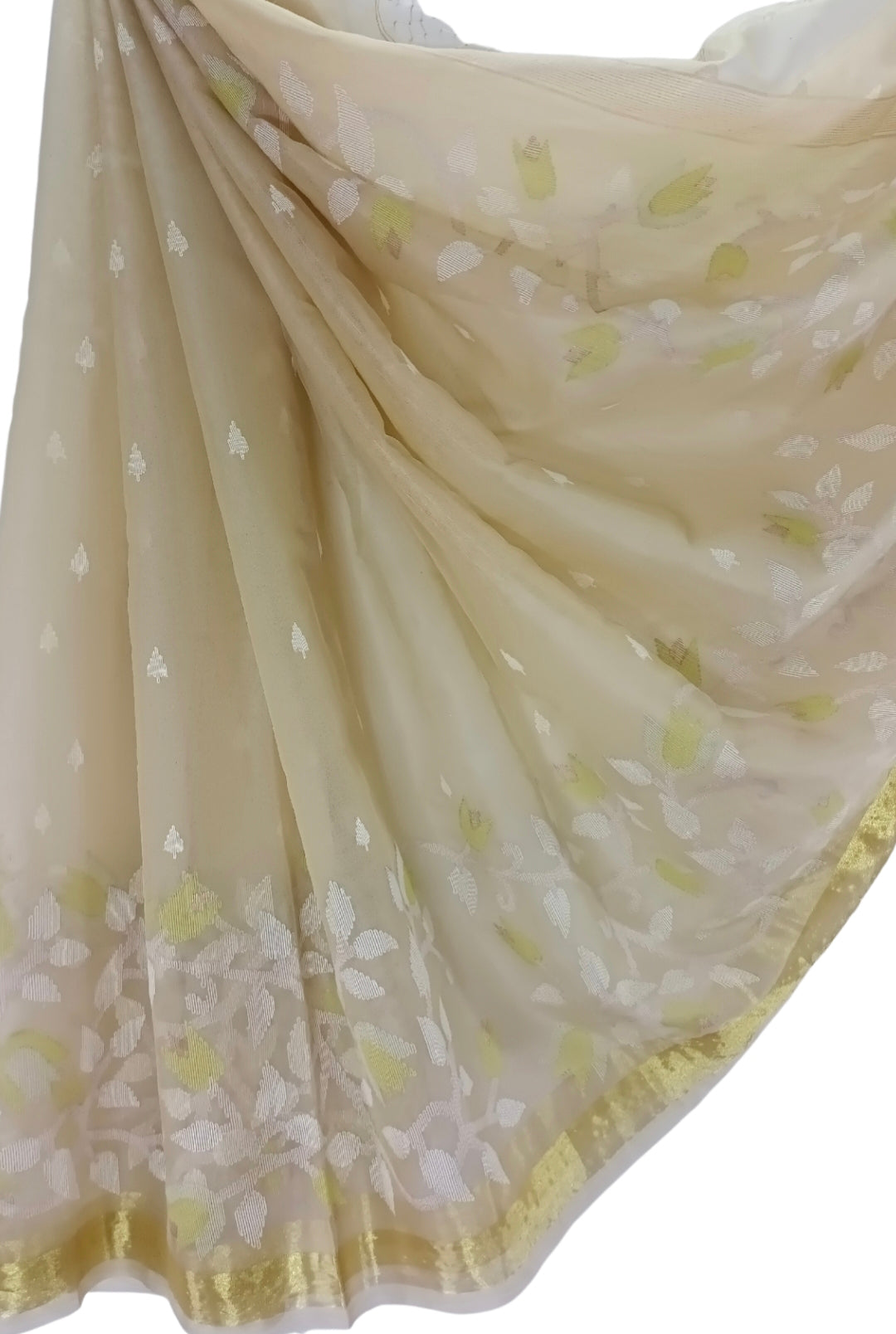 Cream & Lemon Handloom Handwoven Jamdani Saree