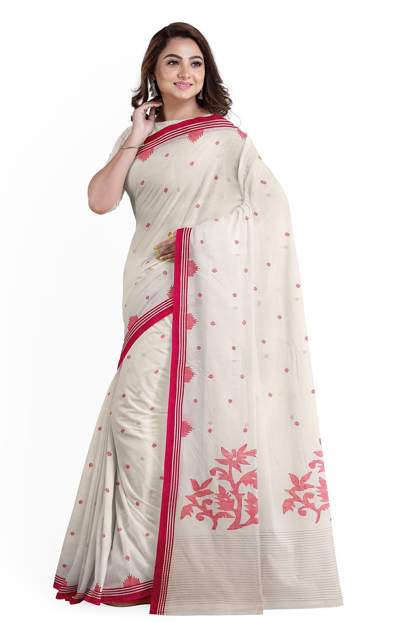 Off-White & red handloom Handwoven Dhakai Jamdani Saree