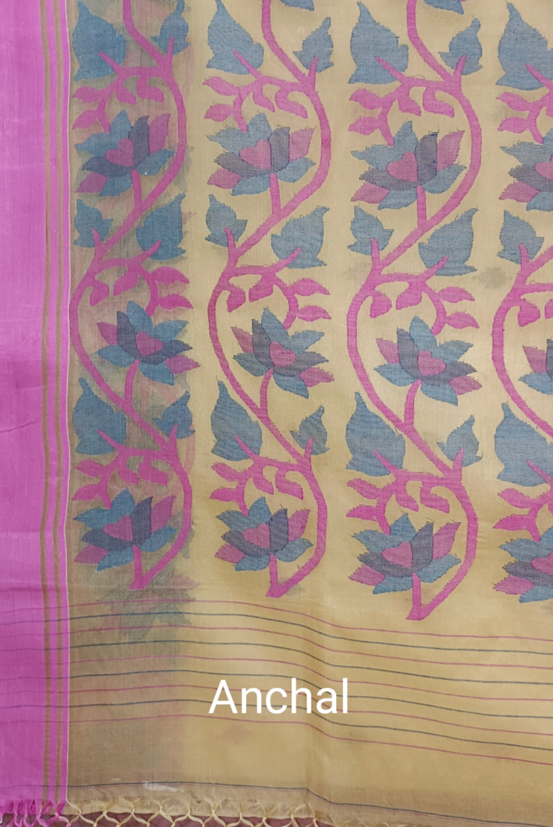 Beige & Pink Handloom Handwoven Muslin Silk Jamdani Saree 