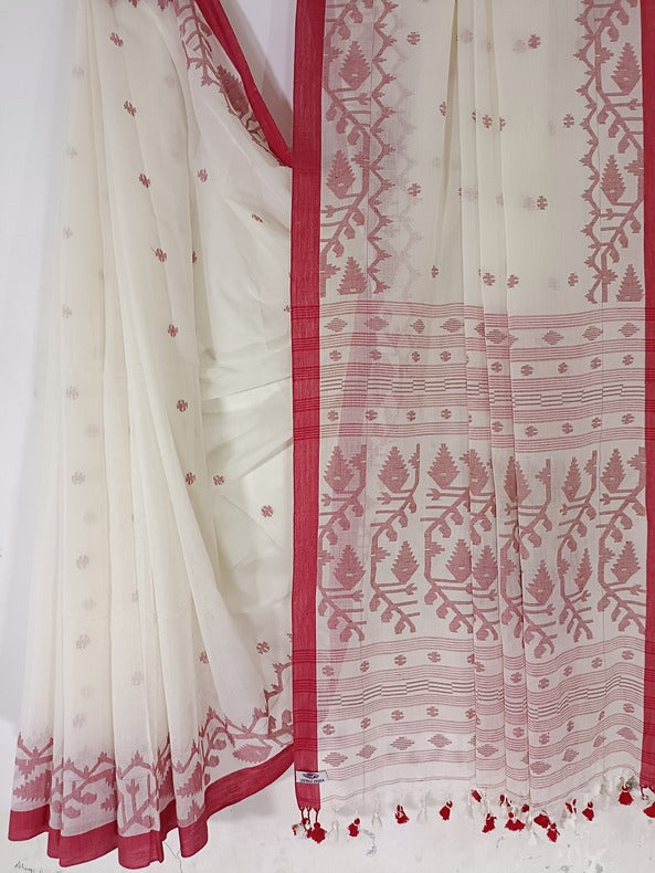 White and Red Handloom Soft Handwoven Cotton Jamdani Saree