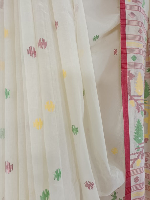 Multicolor Handloom Soft Cotton Jamdani Saree with Traditional Border