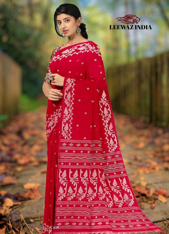 Red and White Handloom Soft Handwoven Cotton Jamdani Saree