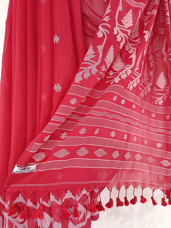 Red and White Handloom Soft Handwoven Cotton Jamdani Saree