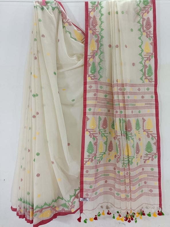 Multicolor Handloom Soft Cotton Jamdani Saree with Traditional Border
