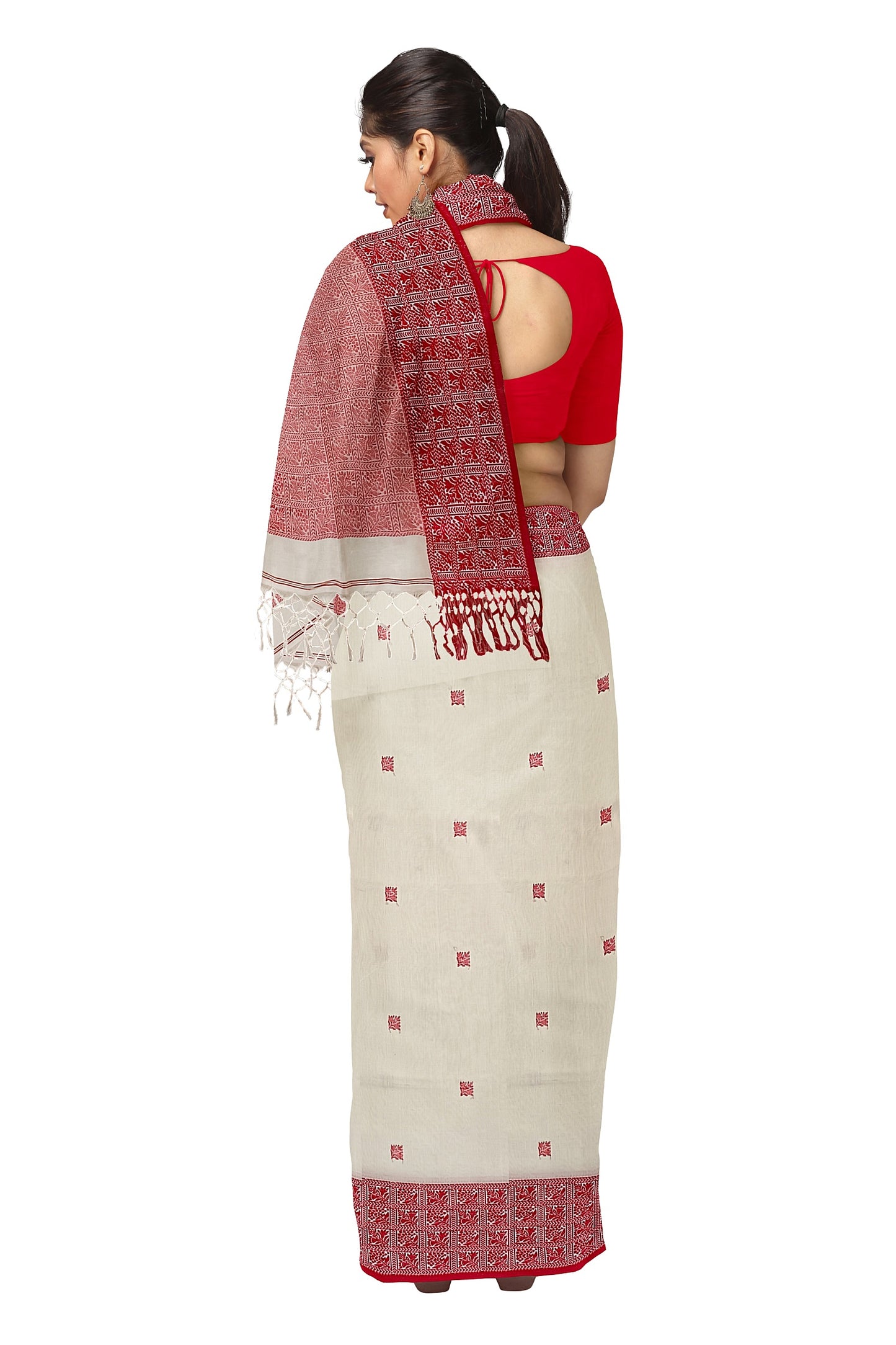 White & Red Premium Quality Handloom Soft Cotton Saree