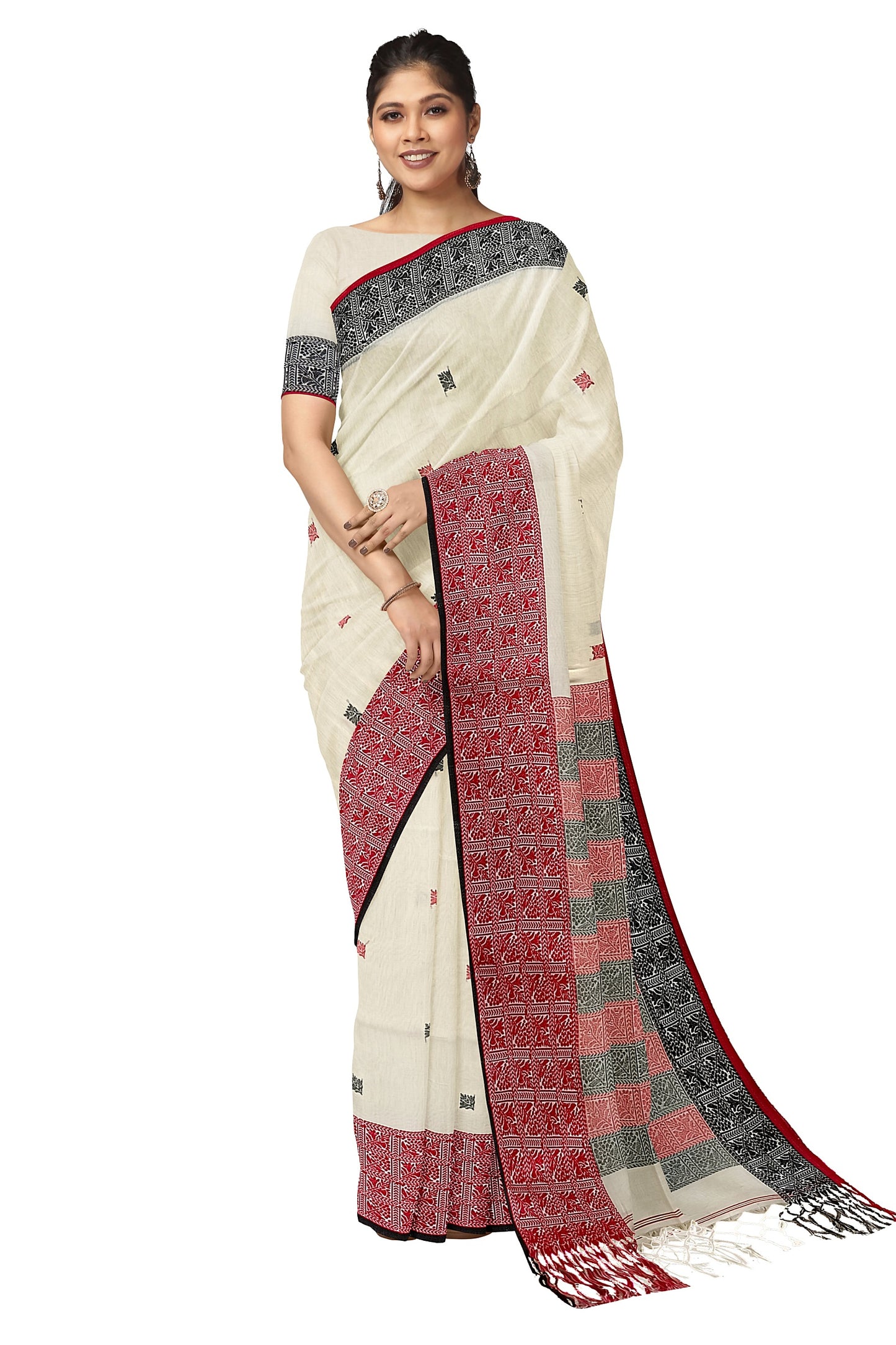 White Premium Quality Handloom Soft Cotton Saree Red/Black Ganga Jamuna